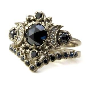 Silver Black Crystal Gemstone Gothic Celestial Moon Stars Wedding Ring Set